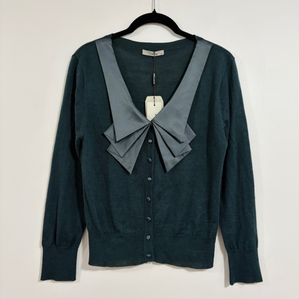 Darling for Anthropologie Wool Blend Pleated Bow Collar Cardigan, “Medium”